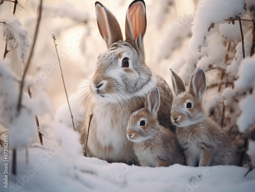 A Photo of a Rabbit and Her Babies in a Winter Setting