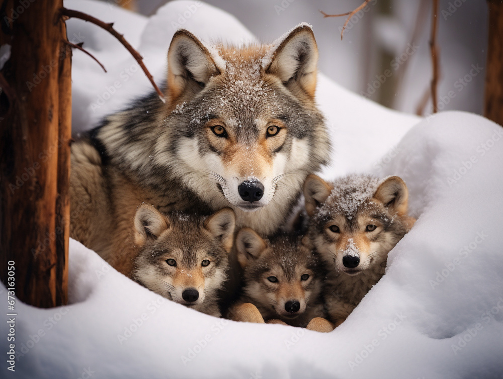 Obraz premium A Photo of a Wolf and Her Babies in a Winter Setting