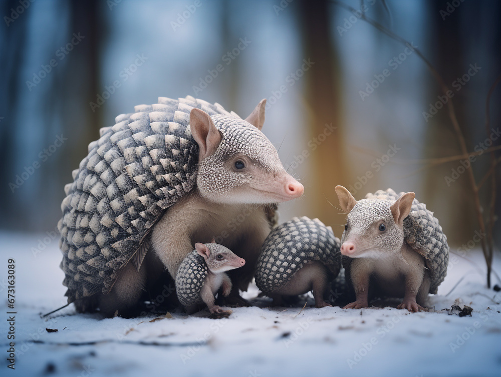 Obraz premium A Photo of an Armadillo and Her Babies in a Winter Setting