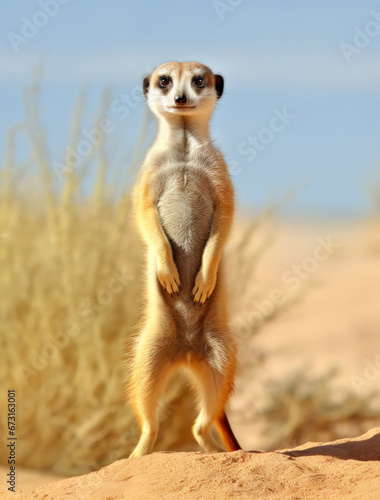 Meerkat standing upright and alert in the desert