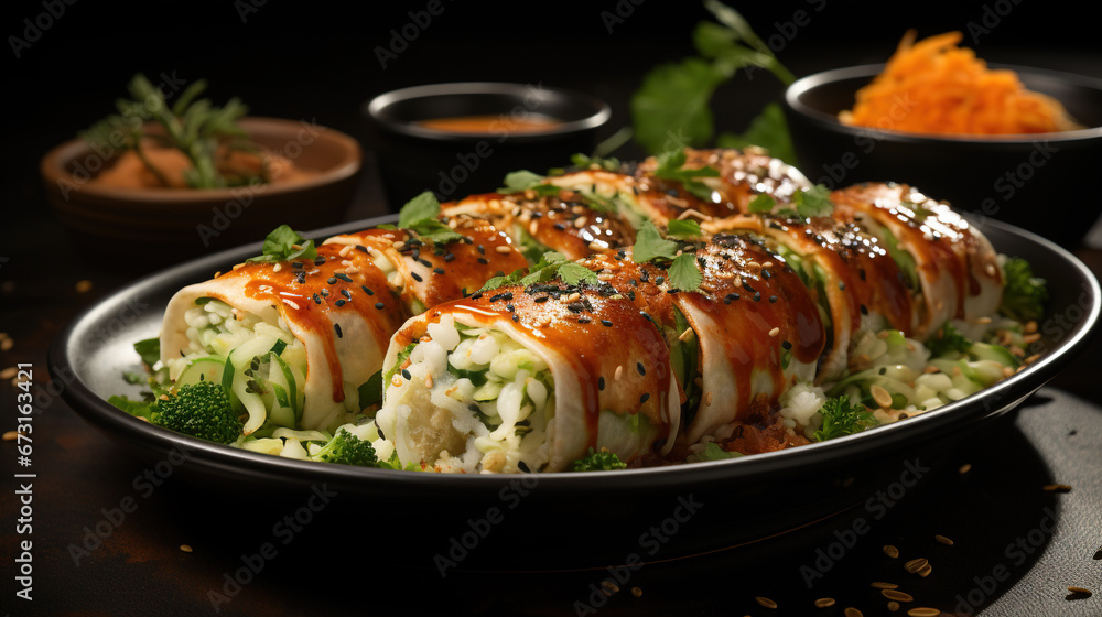 Paneer Tikka Roll on a Plate on Selective Focus Background Paneer Tikka Roll on a Plate on Selective Focus Background