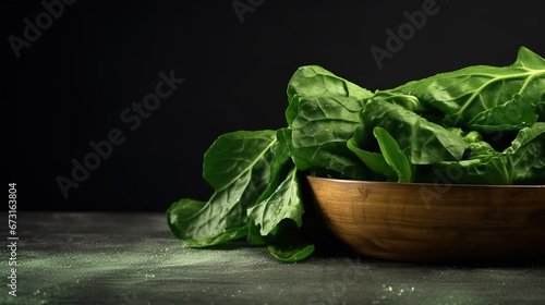 Bunch of Fresh Organic Raw Collard greens in Bowl With Copy Space Background Defocused photo