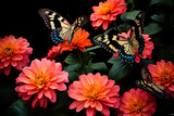 Monarch butterflies perching on vibrant pink dahlias on black background. Apricot Crush trendy color. Nature and wildlife. Design for educational material, banner, or backdrop
