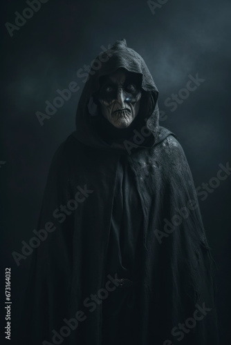 Frightening looking evil witch figure wearing a black cloak. 