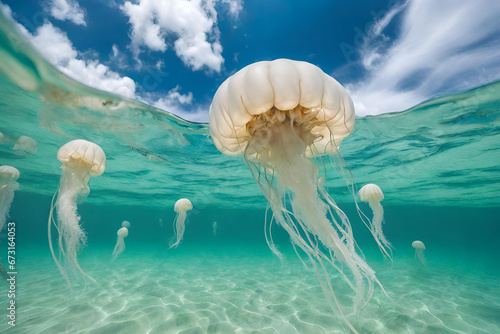 jellyfish in the water, A pair of jellyfish floating together in clear water.  © muzamil