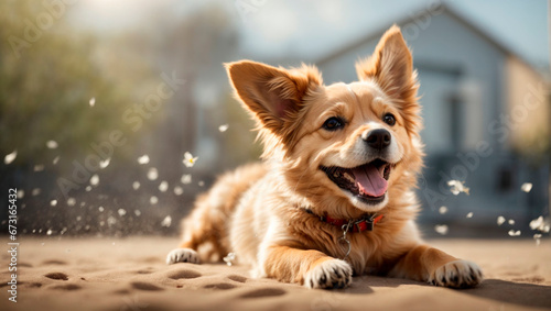 A cheerful dog runs along the sandy shore, radiating happiness and genuine sincerity of emotions.