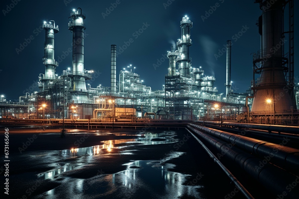 Nighttime chemical factory with buildings, pipelines, and lighting. Industrial plant. Generative AI