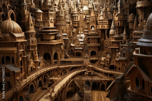 An intricately designed city made of wood. Generative AI