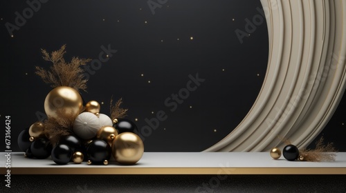 Background products minimal podium scene with Christmas decoration in black and gold color in expensive luxary style.