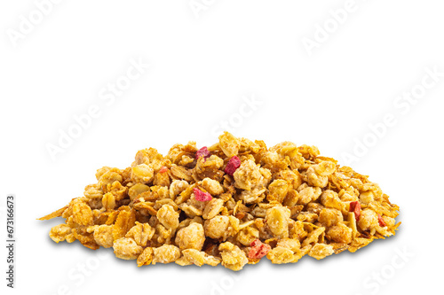 Pile of dry crunchy muesli with strawberry and raspberry isolated on white background with clipping path.