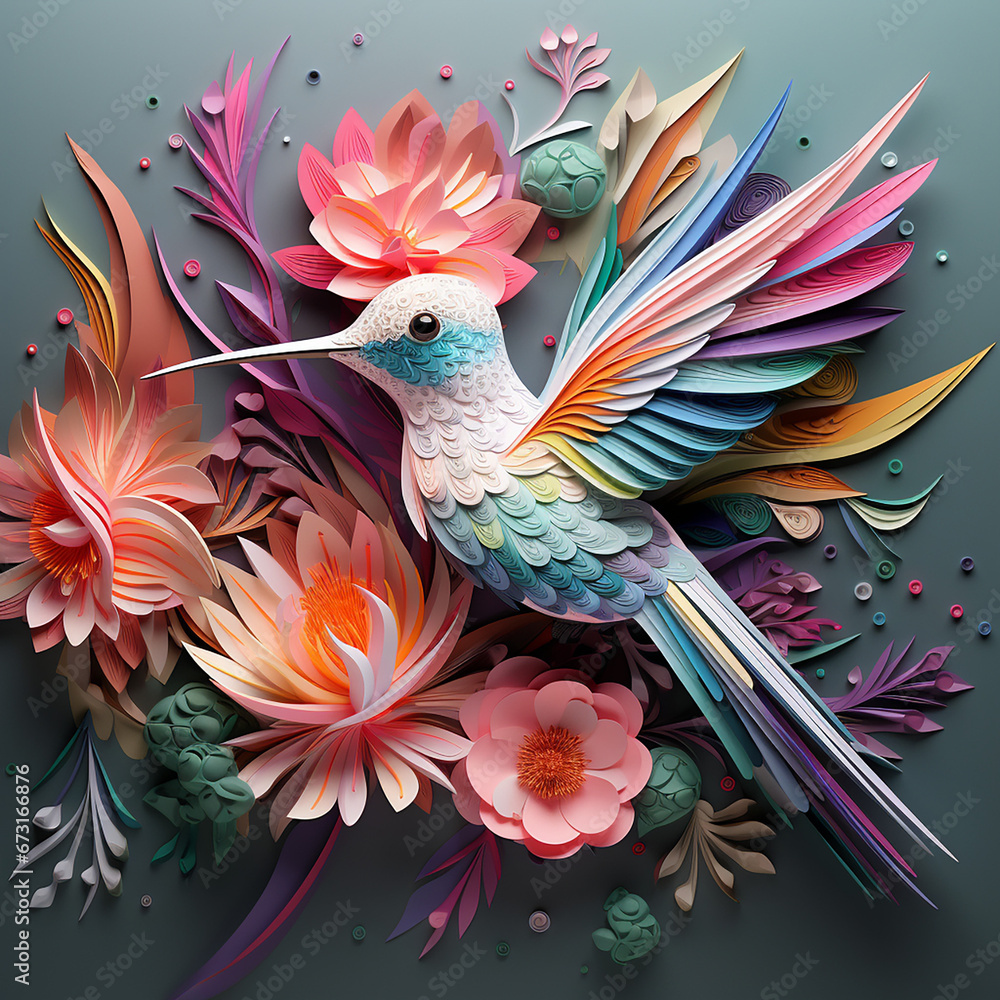 Fototapeta premium 3d colorful hummingbird with carved high relief, epic composition and soft pastel background created with Generative AI