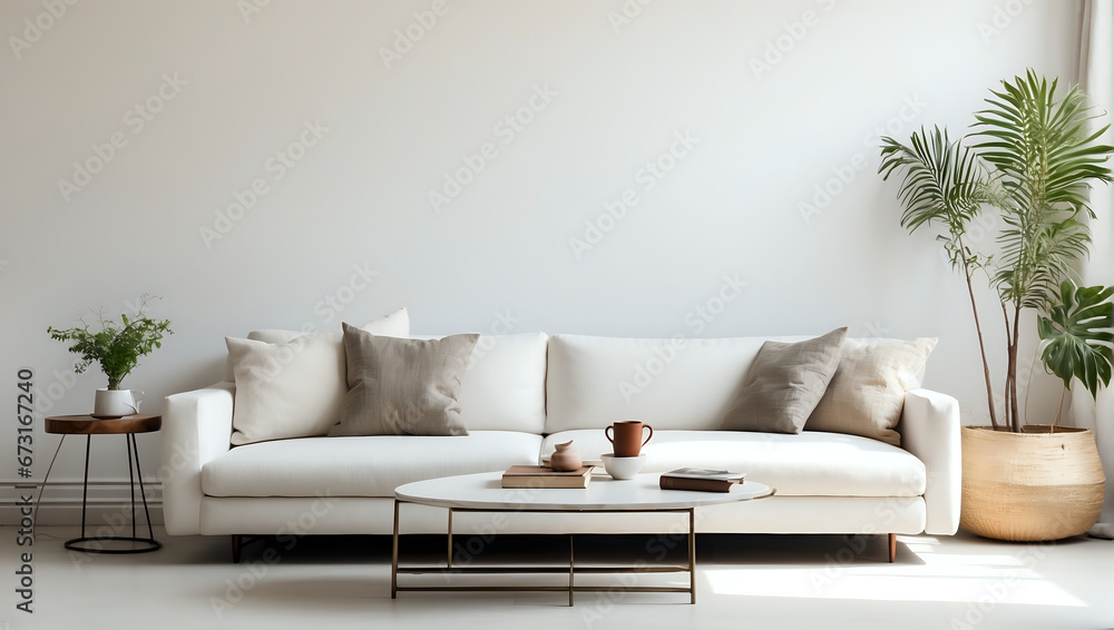 a living room with a white couch and a coffee table a living room with a white couch and a coffee table