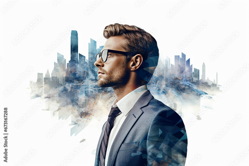 Art of double exposure of attractive Businessman overlay with the modern city. Concept of Leadership and futuristic business. copy space. white background Art of double exposure of attractive Businessman overlay with the modern city. Concept of Leadership and futuristic business. copy space. white background