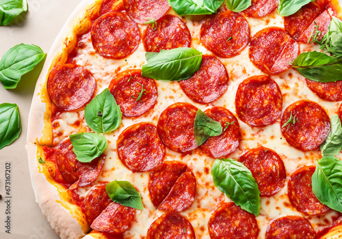 Pepperoni pizza garnished with basil leaves © musicphone1