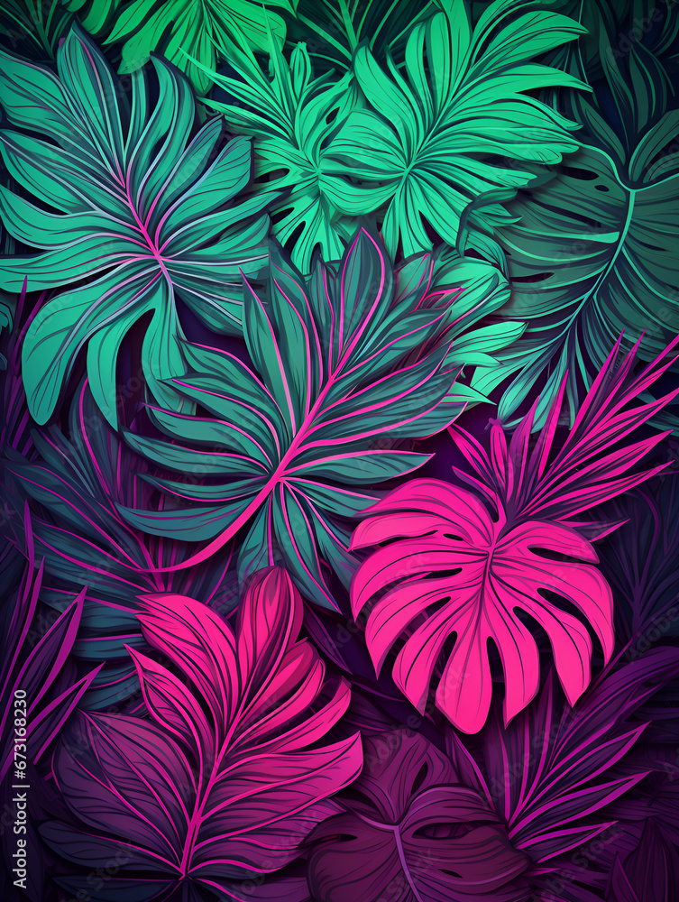 Abstract creative neon pink and green background with tropical leaves Abstract creative neon pink and green background with tropical leaves