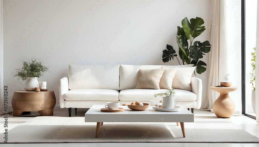 a living room with a white couch and a coffee table a living room with a white couch and a coffee table