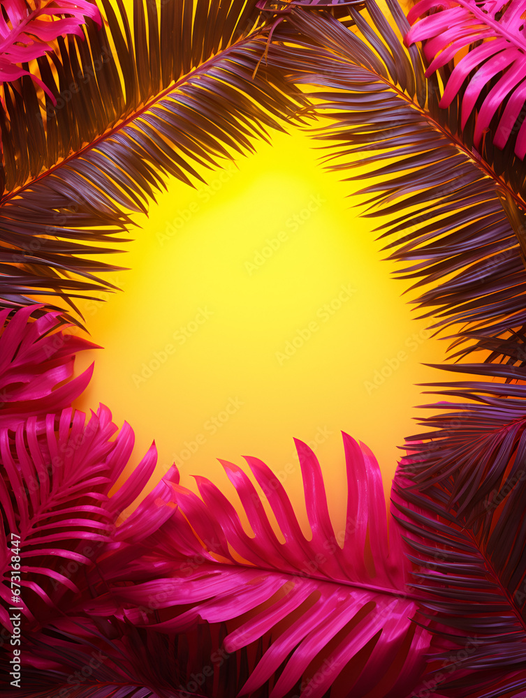 Abstract creative neon yellow and pink background with tropical leaves