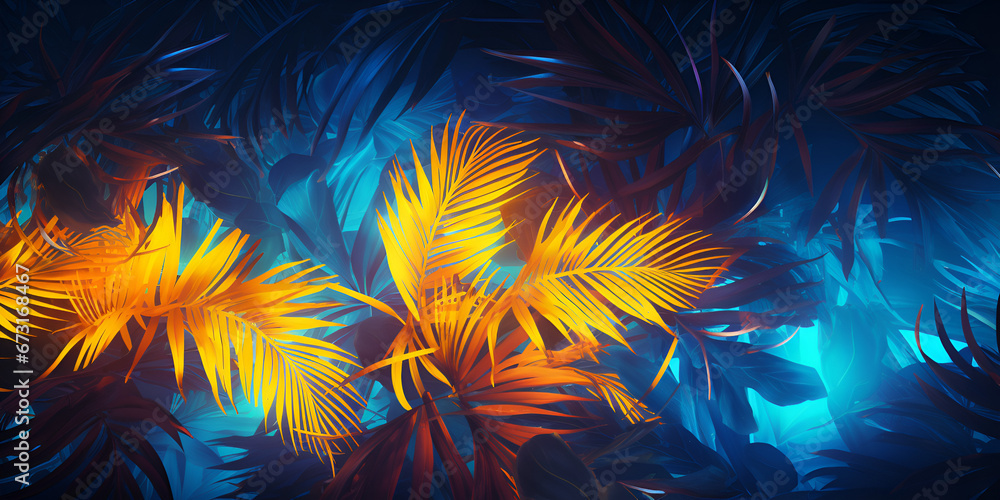 Abstract creative neon blue and yellow background with tropical leaves