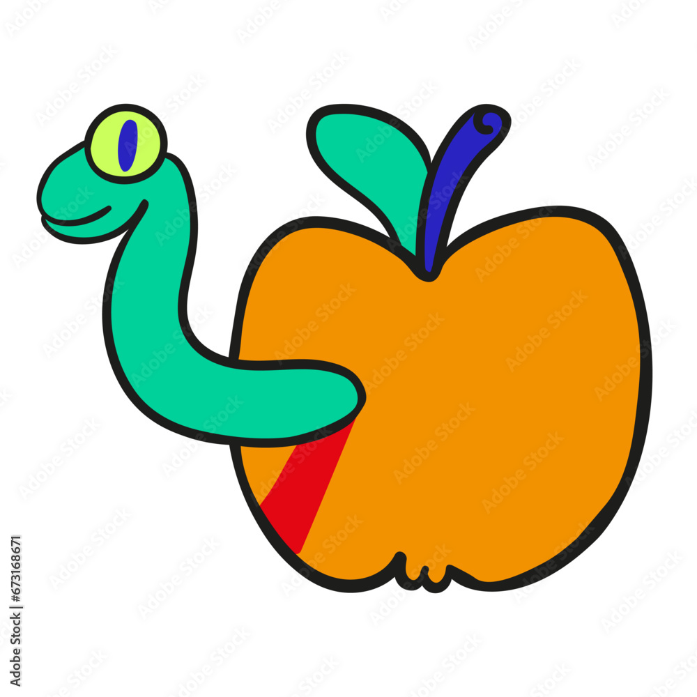 Naklejka premium apple with worm, element in vector. subcultural object in flat style. icon template for print website app poster sticker. children teen icons series