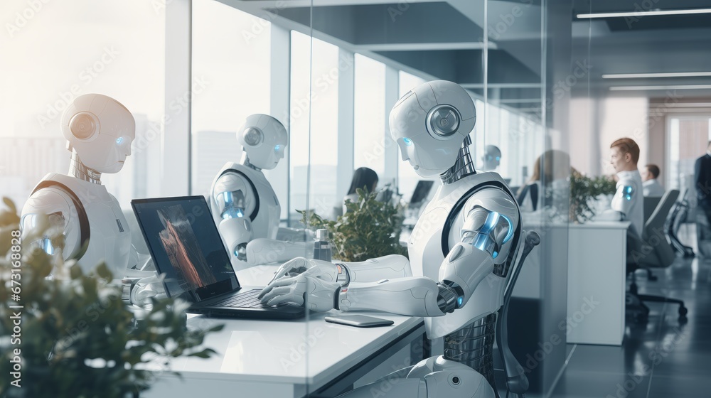 Futuristic Office Environment with Humanoid Robots and Employee Futuristic Office Environment with Humanoid Robots and Employee