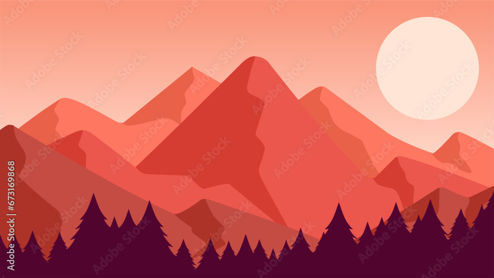 Mountain landscape vector illustration. Silhouette of mountain with pine forest. Mountain landscape for background, wallpaper or landing page