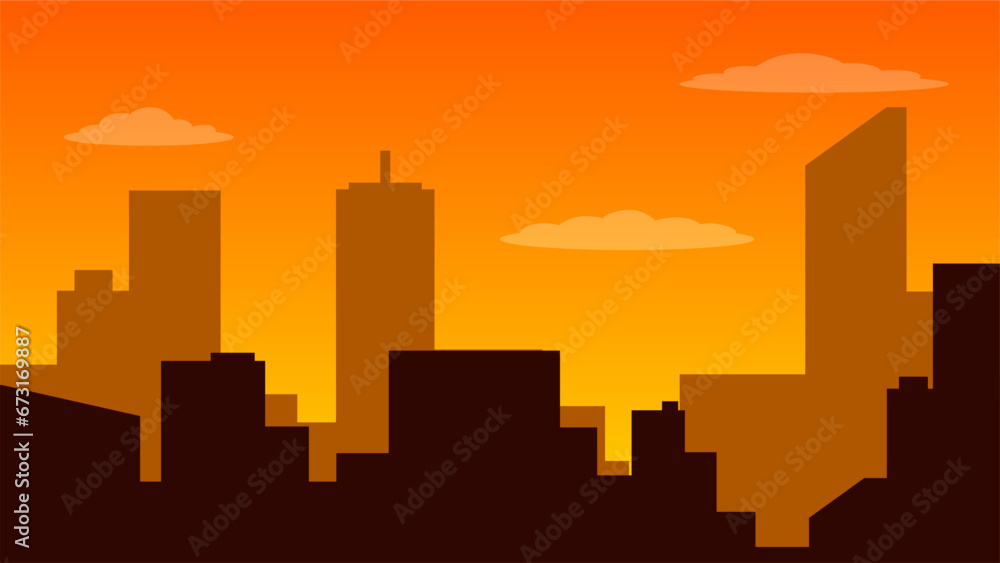 City at sunset landscape vector illustration. Urban silhouette of skyline building with sunset sky. Cityscape landscape for background, wallpaper or landing page