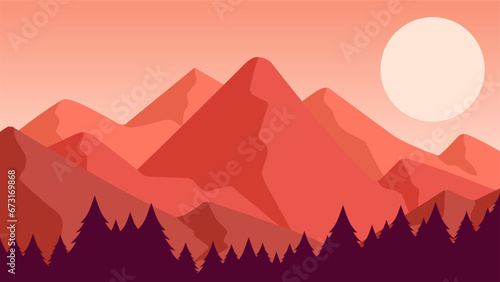 Mountain landscape vector illustration. Silhouette of mountain with pine forest. Mountain landscape for background, wallpaper or landing page