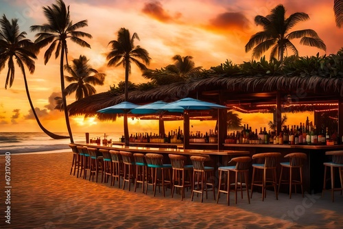 An ethereal scene of a colorful sunset casting its warm glow on a beachside bar, with rows of tropical cocktails ready to be served, surrounded by swaying palm trees.