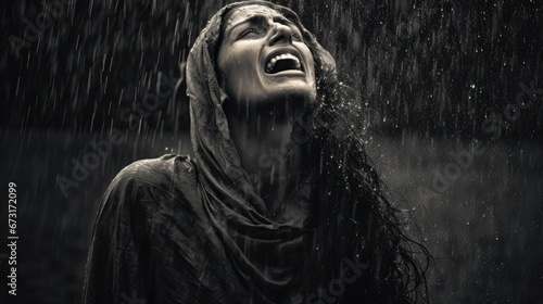 monochrome image of a woman with a headscarf, her face turned upwards as she cries out in the pouring rain photo