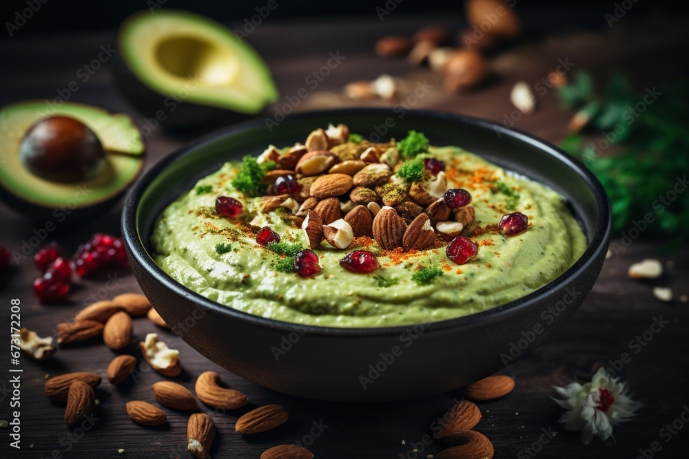 Avocado and pistachio puree, garnished with whole almonds and herbs, is served in a clay bowl on a wooden table with ingredients on the sides. Pistachio flavor concept Avocado and pistachio puree, garnished with whole almonds and herbs, is served in a clay bowl on a wooden table with ingredients on the sides. Pistachio flavor concept