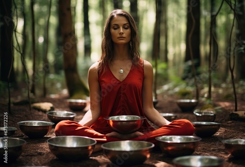 A young Caucasian brunette woman in a red outfit with long hair is meditating in a forest, surrounded by numerous Tibetan singing bowls, focused on deep inner serenity. Sound healing concept