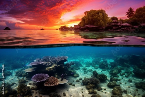 Vibrant sunrise illuminates stunning coral reef and captivating island. Generative AI