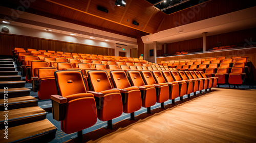 Spacious auditorium with rows of chairs and stairs © graja