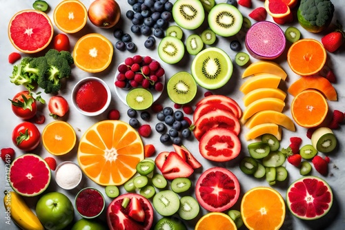 A variety of colorful fruit and vegetable slices arranged in a geometric pattern  showcasing the ingredients for a rainbow smoothie.