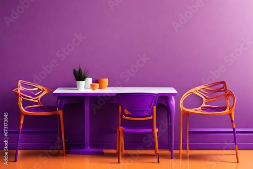 Interior design of purple modern plastic chairs and table on orange wall