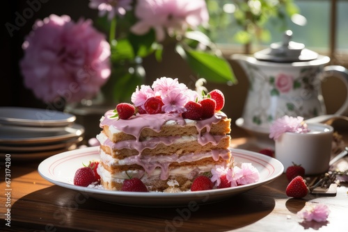 Delicious  Raspberry cake with berries decoration.