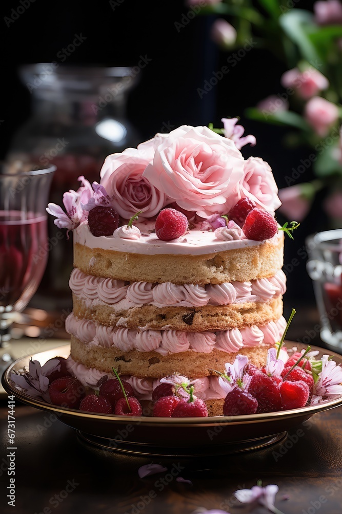 Delicious  Raspberry cake with berries decoration.