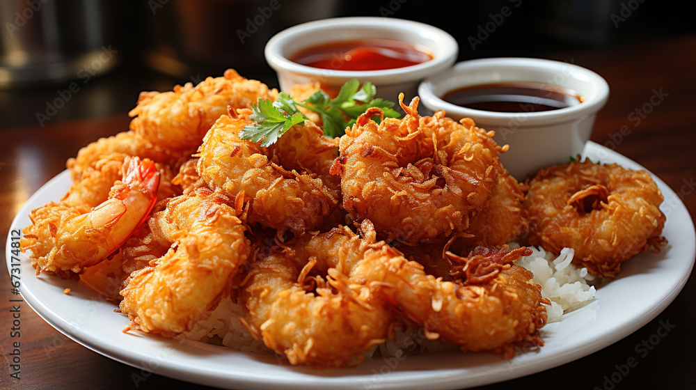 A Plate of Crispy and Flavorful Coconut Shrimp with a Sweet Chili Dipping Sauce on Blurry Background A Plate of Crispy and Flavorful Coconut Shrimp with a Sweet Chili Dipping Sauce on Blurry Background