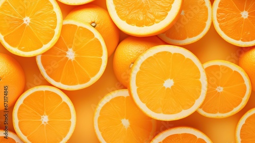 Fresh orange fruits with leaves as a background, top view. Healthy food