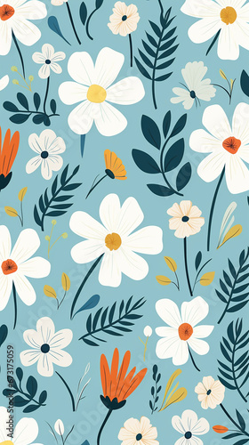A charming pattern with whimsical and adorable flowers  each represented with clean lines and a limited color palette created with Generative Ai
