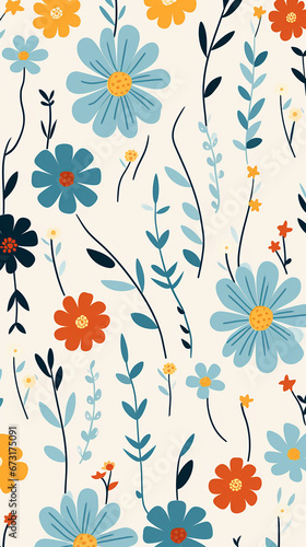 A charming pattern with whimsical and adorable flowers  each represented with clean lines and a limited color palette created with Generative Ai
