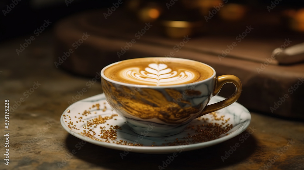 A Cup of Beautiful Cappuccino With Heat The Cup is White With Gold Patterns Printed on it Blurry Background A Cup of Beautiful Cappuccino With Heat The Cup is White With Gold Patterns Printed on it Blurry Background