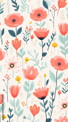 A charming pattern with whimsical and adorable flowers, each represented with clean lines and a limited color palette created with Generative Ai © Andrii Yablonskyi