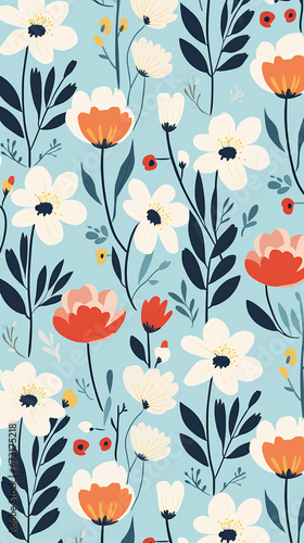 A charming pattern with whimsical and adorable flowers, each represented with clean lines and a limited color palette created with Generative Ai