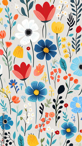 A charming pattern with whimsical and adorable flowers, each represented with clean lines and a limited color palette created with Generative Ai