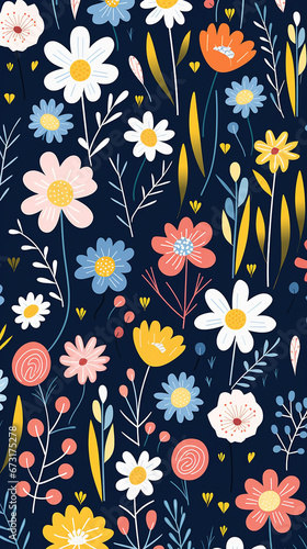 Wallpaper Mural A charming pattern with whimsical and adorable flowers, each represented with clean lines and a limited color palette created with Generative Ai Torontodigital.ca