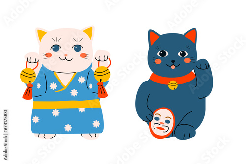 oriental maneki neko cat - set of two cartoon cats