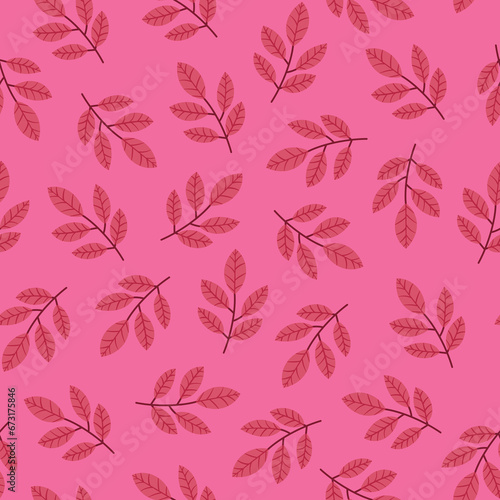 Pink monochrome leafy seamless pattern. Hand drawn red twigs isolated on pink background. Foliage allover print