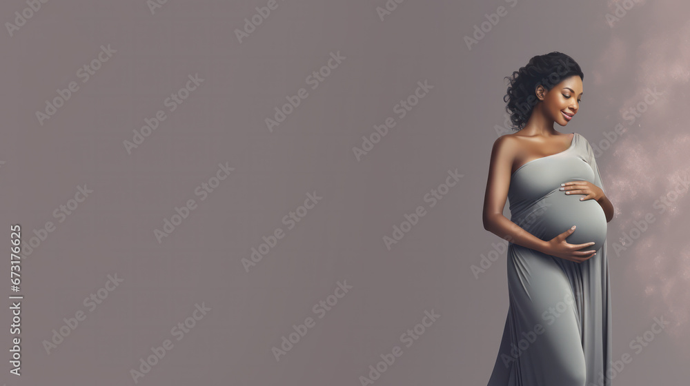 Pregnant african american woman in dress holds hands on belly on a white background. Pregnancy, maternity, preparation and expectation concept. Close-up, copy space, indoors. Beautiful tender mood Pregnant african american woman in dress holds hands on belly on a white background. Pregnancy, maternity, preparation and expectation concept. Close-up, copy space, indoors. Beautiful tender mood