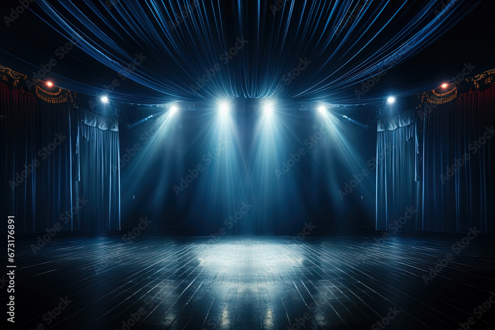 a theatre stage with blue curtains and brightly illuminated with spotlights from above - obrazy, fototapety, plakaty 